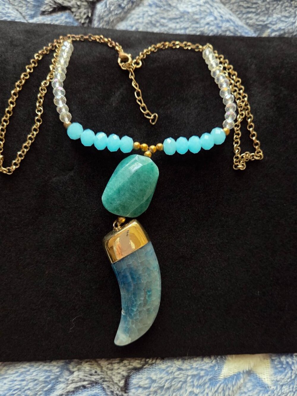 Semi-precious Stones Statement Necklace Chain Turquoise, Blue, Crystals Beaded